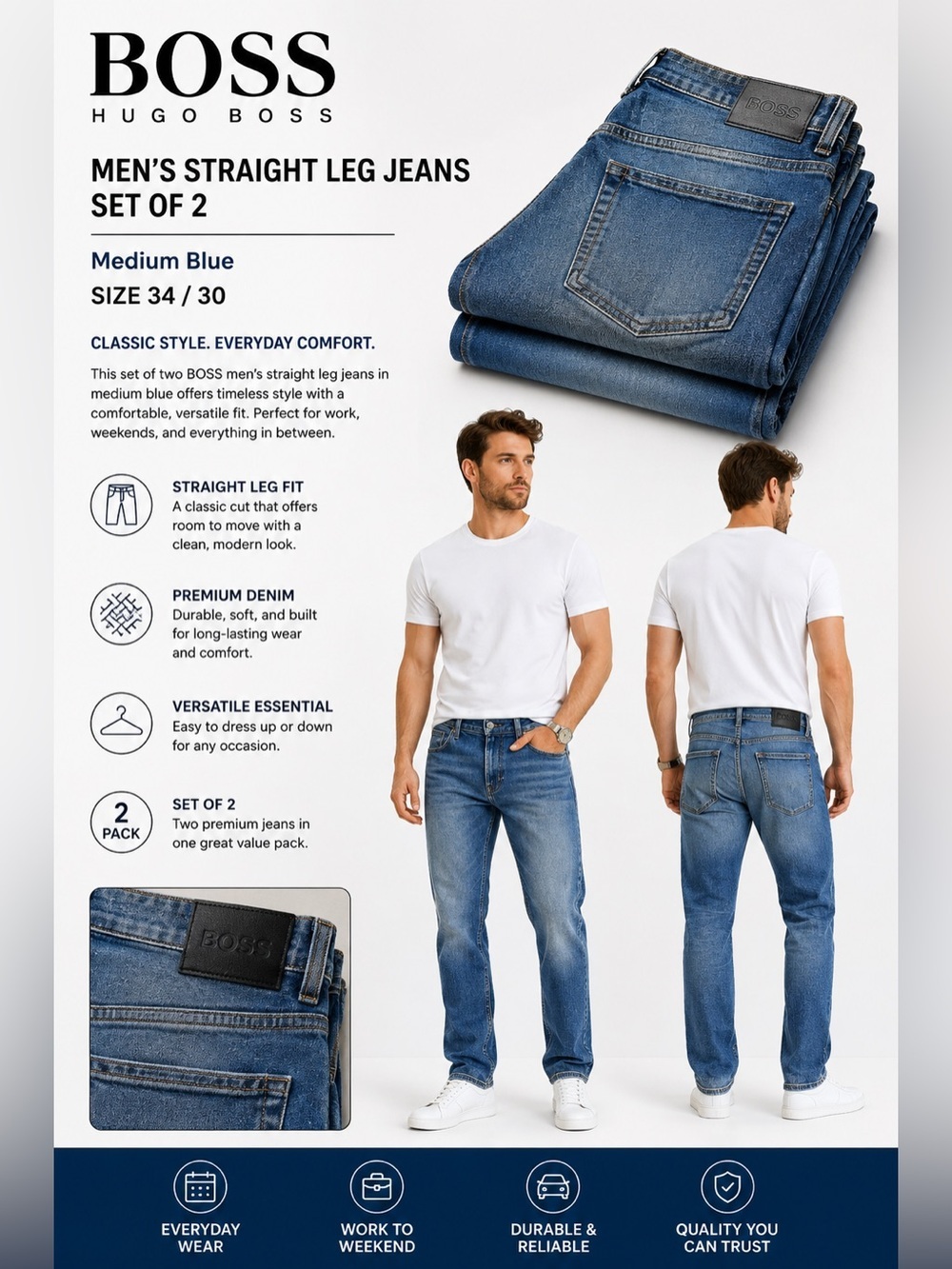 • Boss • Men’s Straight Leg Jeans  Set of 2 Medium Blue
34 / 30